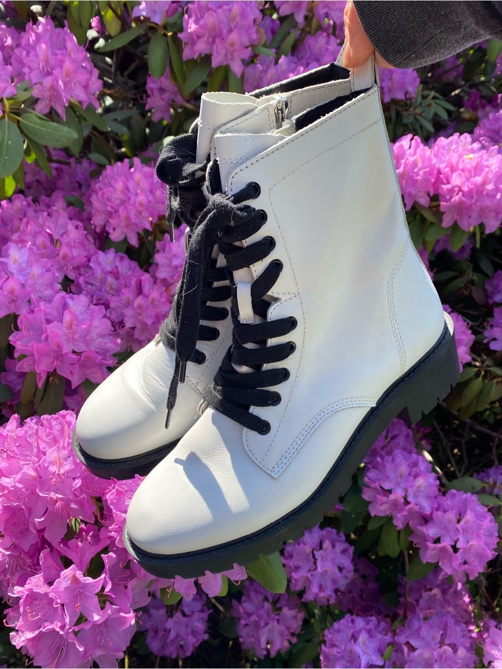 White Lace-Up Combat Boots with Side Zipper